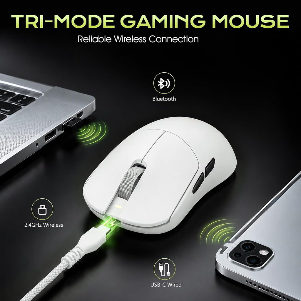 Ultra Wireless Gaming Mouse Tri-Mode with 30K Optical Sensor | 51g Lightweight 50-42000 DPI High Performance Gaming Mice, 5 Programmable Controls, Bluetooth Mouse for PC Mac Laptop, White